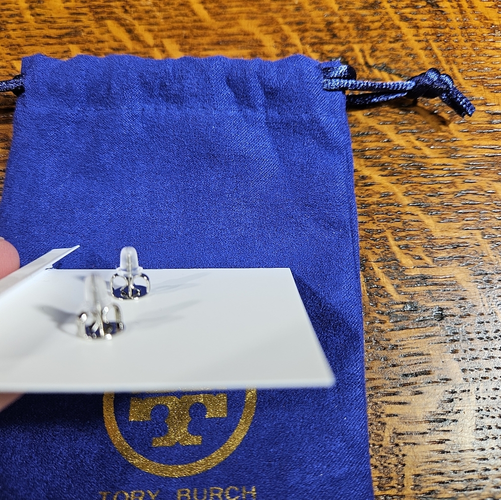 Tory Burch Kira Double Logo Linear Drop Earrings in Silver and Dustbag NWT - Picture 3 of 5